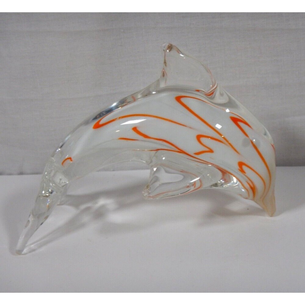 Hand Blown Glass Dolphin Gorgeous Orange Swirl Dolphin Paperweight Art Glass
